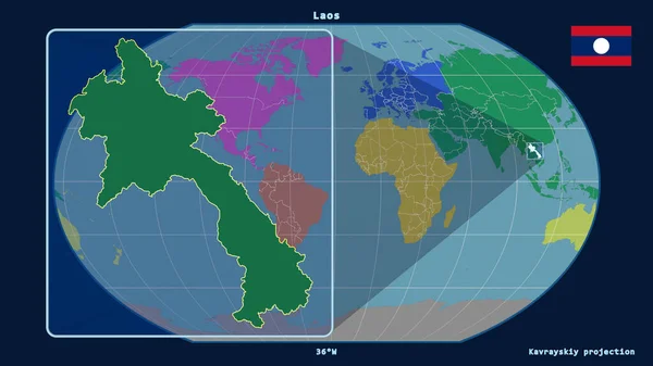 ラオスのアウトラインを視野線で拡大し カヴァライスキー予測の世界地図と比較した 左側の形 大陸のカラーマップ — ストック写真