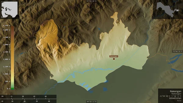 Namangan Región Uzbekistán Datos Sombreado Colores Con Lagos Ríos Forma — Foto de Stock