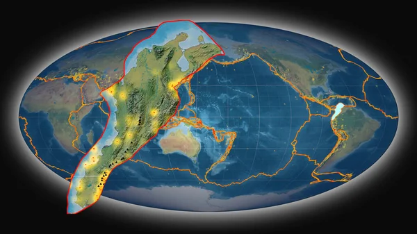 在Mollweide投影中 根据全球地形图挤压和呈现了北安第斯地区的构造板块 3D渲染 — 图库照片