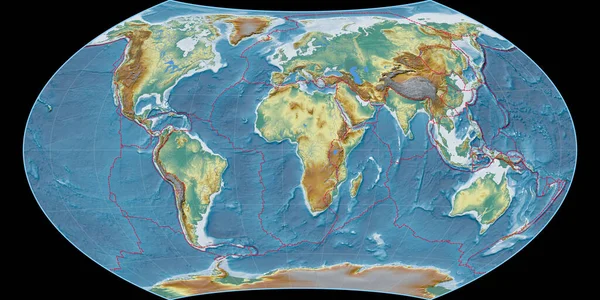 Mapa Świata Projekcji Wagnera Viii Skupiona Wschodniej Długości Geograficznej Topograficzna — Zdjęcie stockowe