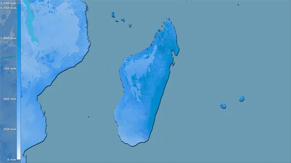 马达加斯加地区内带有图例的立体投影最温暖的地区的降水 栅格层的原始成分 — 图库照片