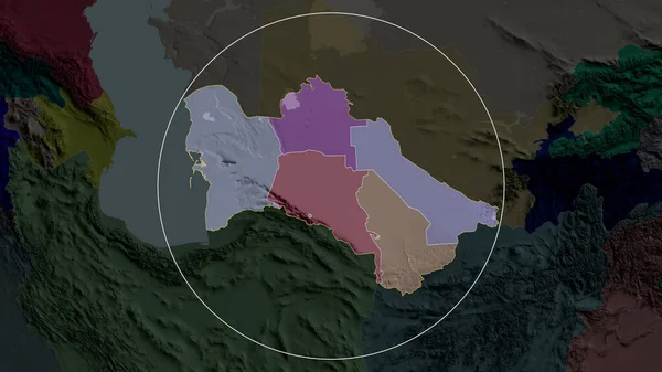 土库曼斯坦进行了放大和盘旋 绘制了行政区划的彩色和凸起的地图 3D渲染 — 图库照片