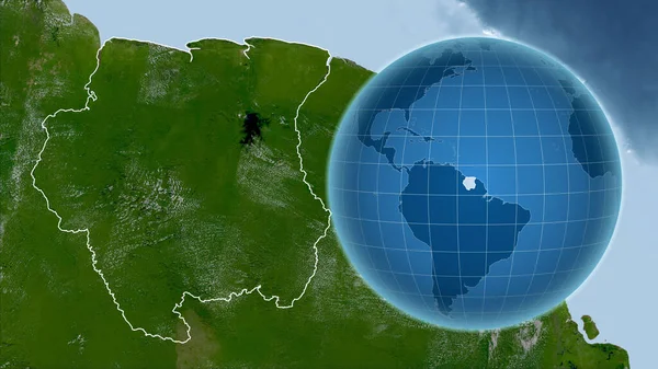 Suriname Globo Con Forma Del Paese Contro Mappa Ingrandita Con — Foto Stock