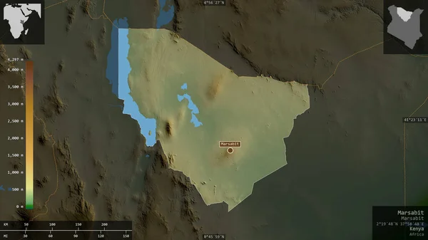 Marsabit Condado Kenia Datos Sombreado Colores Con Lagos Ríos Forma — Foto de Stock