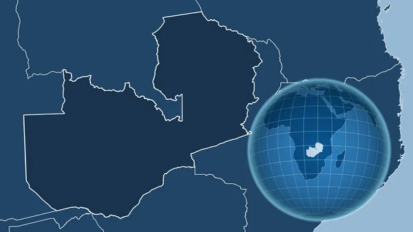 Zambie Globe Tvarem Země Proti Zvětšené Mapě Jeho Obrysem Pouze — Stock fotografie