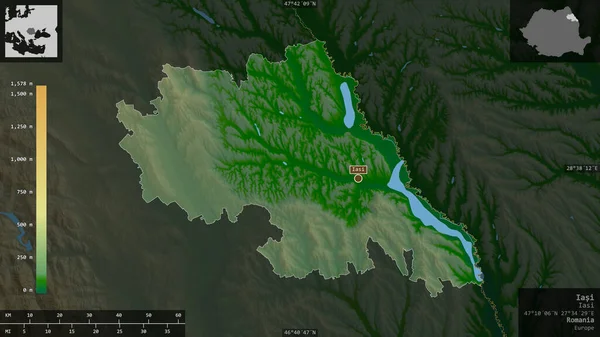Iasi Condado Rumania Datos Sombreado Colores Con Lagos Ríos Forma —  Fotos de Stock
