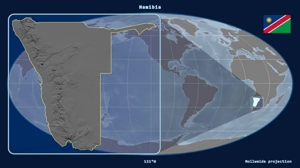 Zoomed-in view of Namibia outline with perspective lines against a global map in the Mollweide projection. Shape on the left side. grayscale elevation map