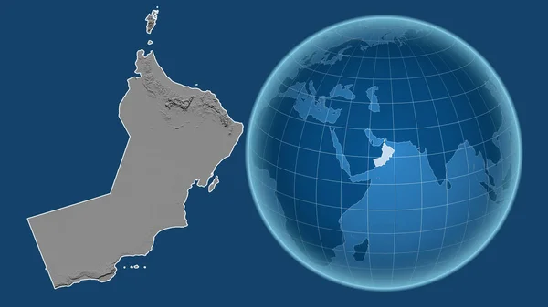 Oman Globus Mit Der Form Des Landes Gegen Gezoomte Landkarte — Stockfoto