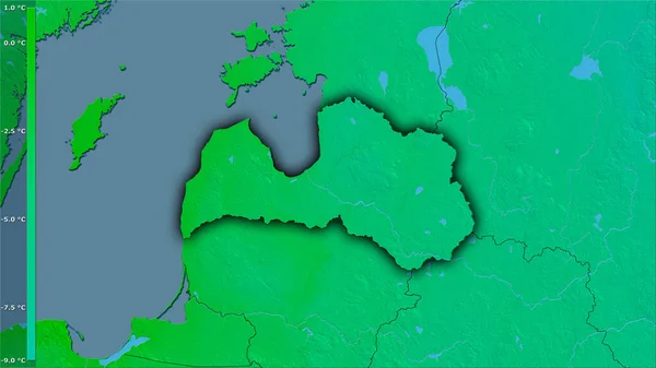 拉脱维亚地区内立体图投影中最冷部分的平均温度 深色发光轮廓光栅层的原始成分 — 图库照片