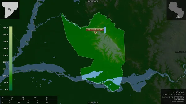 Misiones, department of Paraguay. Colored shader data with lakes and rivers. Shape presented against its country area with informative overlays. 3D rendering