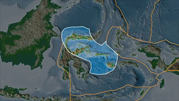 隣接する地域の砂漠化によって分離された物理的地図上のモルッカ海地殻プレートの概要 ヴァン グリンテンI予測 斜めの変換 — ストック写真