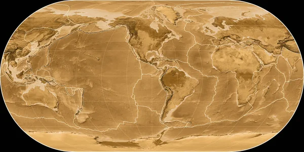 Světová Mapa Orteliově Oválné Projekci Soustřeďuje Západní Délky Sepia Barevná — Stock fotografie