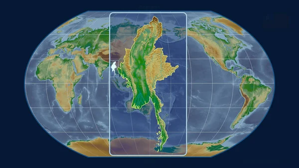 Zoomed-in view of Myanmar outline with perspective lines against a global map in the Kavrayskiy projection. Shape centered. color physical map