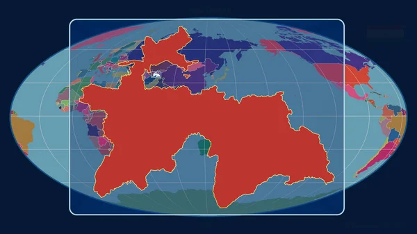 在Mollweide投影中 用透视线将塔吉克斯坦的轮廓与全球地图对齐 形体中心 行政区划的彩色地图 — 图库照片