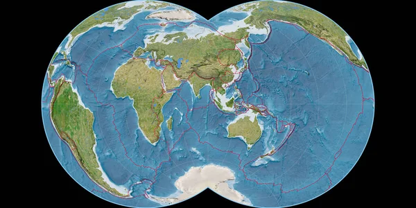 位于毛雷尔全球投影的世界地图以东经90度为中心 卫星图像B 具有满足和构造板块边界的栅格组合 3D插图 — 图库照片