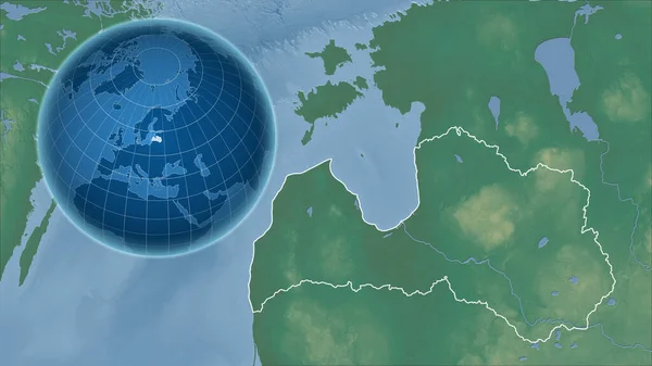 Latvia. Globe with the shape of the country against zoomed map with its outline. topographic relief map