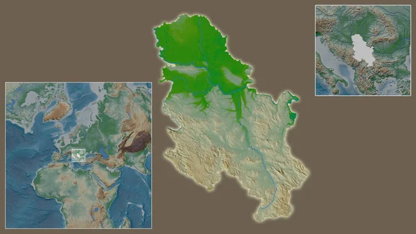 セルビアの閉鎖と地域と大規模な世界地図の中心部に位置しています 地図の色 — ストック写真