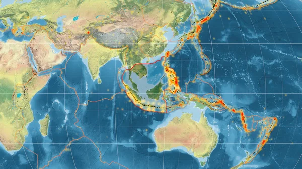 Sunda Tectonic Plate Mollweide Projection 지형학 지도에 설명되어 렌더링 — 스톡 사진