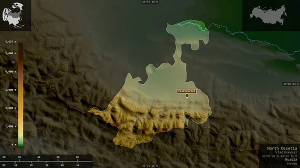 North Ossetia, republic of Russia. Colored shader data with lakes and rivers. Shape presented against its country area with informative overlays. 3D rendering