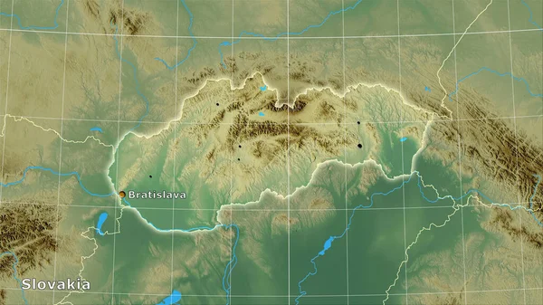 Slovakia area on the topographic relief map in the stereographic projection - main composition