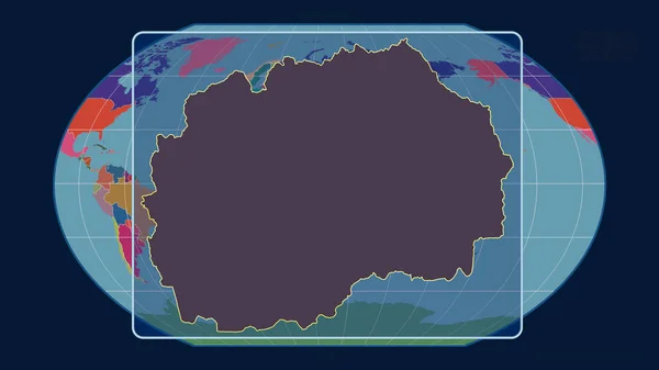 以透视线与Kavrayskiy投影中的全球地图对齐的马其顿轮廓缩放视图 形体中心 行政区划的彩色地图 — 图库照片