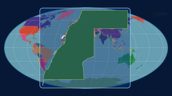 在Mollweide投影中 用透视线与全球地图对齐 放大了西撒哈拉轮廓 形体中心 行政区划的彩色地图 — 图库照片