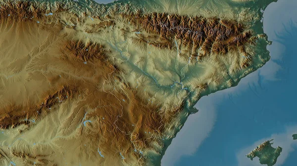 Aragon , autonomous community of Spain. Colored relief with lakes and rivers. Shape outlined against its country area. 3D rendering