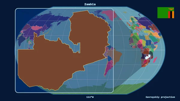 Zbliżenie Zambię Zarys Linii Perspektywicznych Wobec Globalnej Mapy Projekcji Kavrayskiya — Zdjęcie stockowe