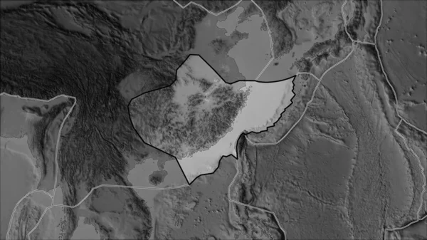 隣接する地域の堆積によって区切られたグレースケールマップ上の揚子江地殻プレートの概要 ヴァン グリンテンI予測 斜めの変換 — ストック写真