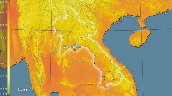 Średnia Temperatura Najcieplejszego Kwartału Obszarze Laosu Projekcji Stereograficznej Legendą Kompozycja — Zdjęcie stockowe