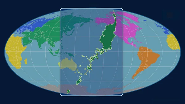 放大了帕劳的轮廓 用透视线与摩尔魏德投影中的全球地图进行对比 形体中心 各大洲的彩色地图 — 图库照片