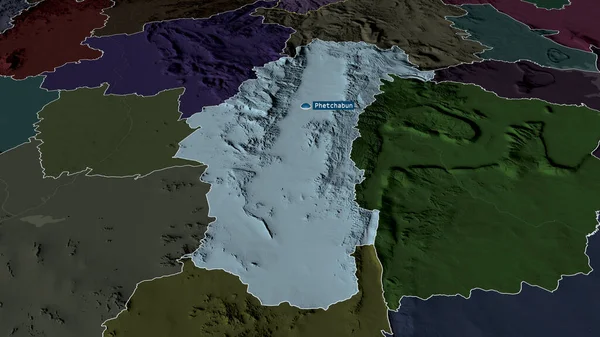 Phetchabun - province of Thailand zoomed and highlighted with capital. Colored and bumped map of the administrative division. 3D rendering