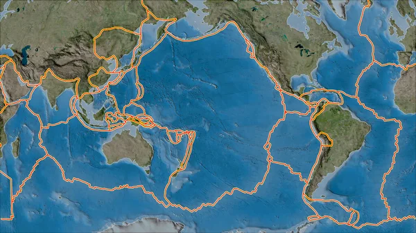 Tectonic plates borders on the satellite B map of areas adjacent to the Pacific plate area. Van der Grinten I projection (oblique transformation)