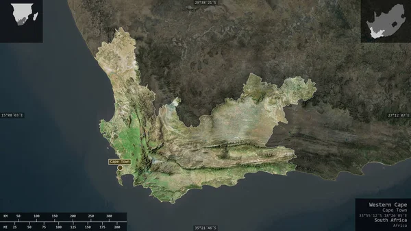 Western Cape, province of South Africa. Satellite imagery. Shape presented against its country area with informative overlays. 3D rendering