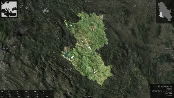 Zlatiborski 塞尔维亚区 卫星图像 以信息覆盖的形式呈现在其国家区域上 3D渲染 — 图库照片