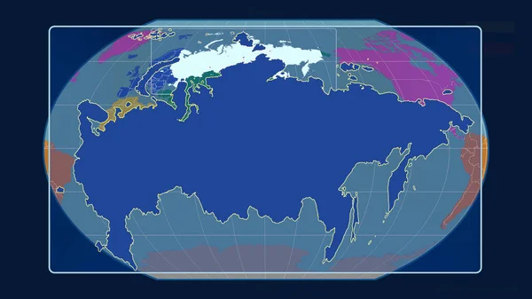 Увеличенный Учетом Контура России Перспективными Линиями Против Глобальной Карты Каврайском — стоковое фото