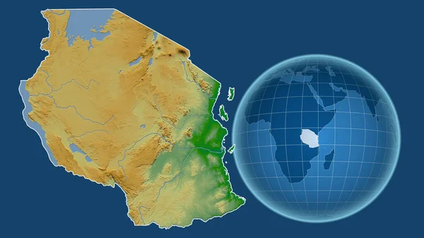 Tanzanii Globus Kształcie Kraju Powiększonej Mapie Odizolowanym Zarysem Niebieskim Tle — Zdjęcie stockowe