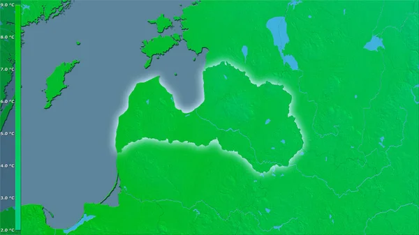 具有图例的立体投影中拉脱维亚地区的年平均温度 具有发光轮廓的光栅层的原始成分 — 图库照片