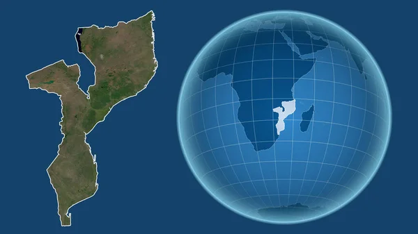 Mozambik Globus Kształcie Kraju Powiększonej Mapie Odizolowanym Zarysem Niebieskim Tle — Zdjęcie stockowe
