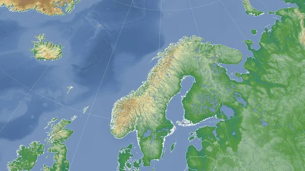 ノルウェーとその周辺 遠方斜視 アウトラインなし 色物理図 — ストック写真