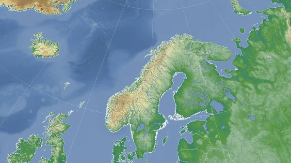 Norveç ve çevresi. Uzak eğimli perspektif - özet yok. renk fiziksel haritası