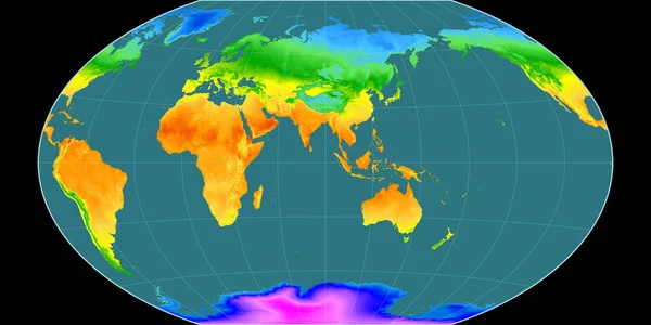 Winkel Tripel投影中的世界地图以东经90度为中心 平均年温度图 具有满意性能的栅格原料复合材料 3D插图 — 图库照片