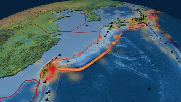 Okinawská Tektonická Deska Vytlačená Zeměkouli Přírodní Topografická Mapa Země Vykreslování — Stock fotografie