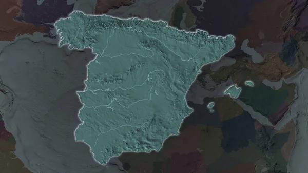 スペイン地域はその周囲の暗い背景に拡大し 成長した 行政区画のカラーマップとバンプマップ — ストック写真