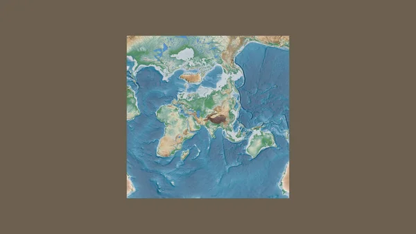 Square frame of the large-scale map of the world in an oblique Van der Grinten projection centered on the territory of Tajikistan. Color physical map