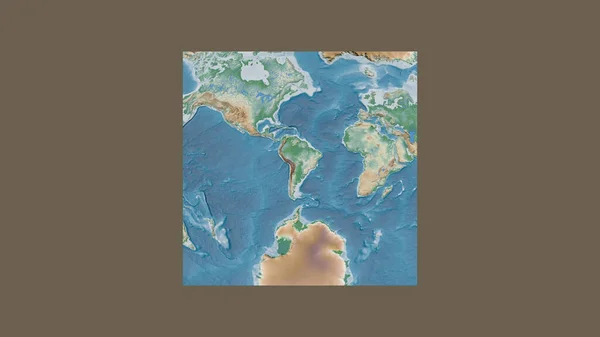 Square frame of the large-scale map of the world in an oblique Van der Grinten projection centered on the territory of Paraguay. Color physical map