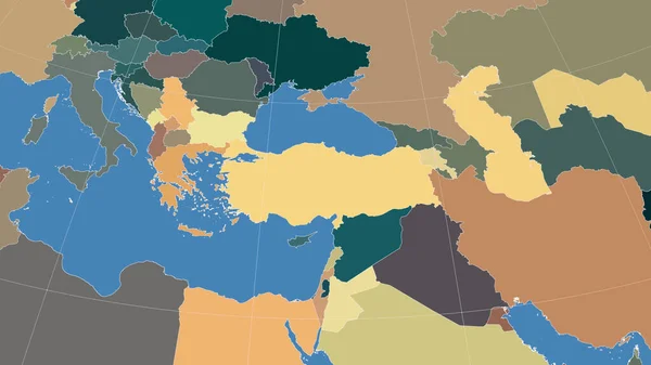 Turcja Jej Sąsiedztwo Daleka Perspektywa Skośna Brak Konturu Kolorowa Mapa — Zdjęcie stockowe