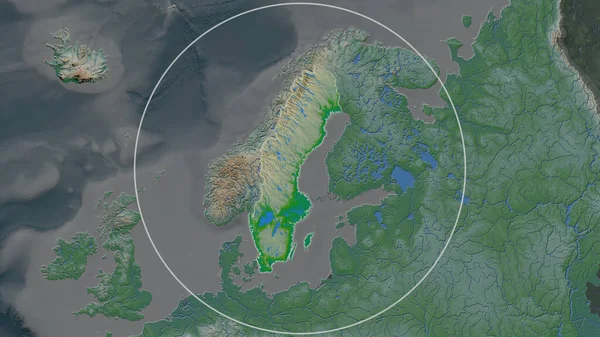 瑞典幅员辽阔的地区被周边的一个圆圈所包围 彩色物理图 — 图库照片