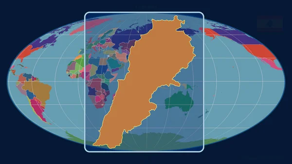 Zoomed-in view of Lebanon outline with perspective lines against a global map in the Mollweide projection. Shape centered. color map of administrative divisions