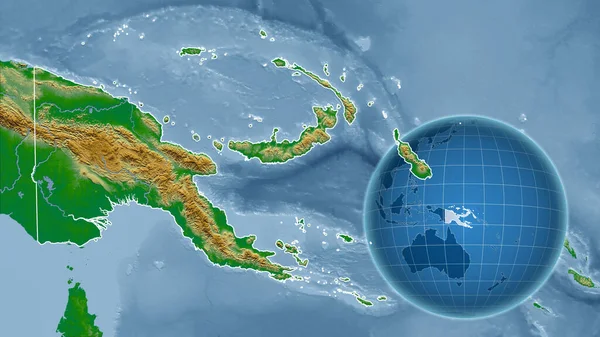 Papúa Globo Con Forma Del País Contra Mapa Ampliado Con — Foto de Stock